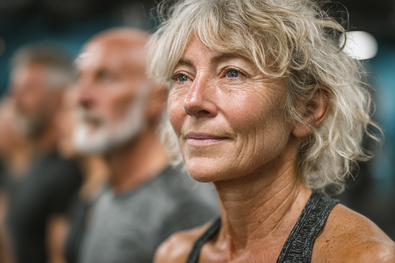 Старші люди займаються фітнесом у залі